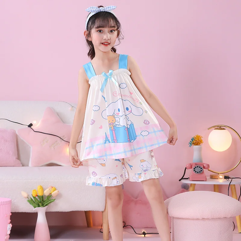 

2023 Summer Girls Pajamas Sets Kawaii Sanrios Kuromi Cinnamoroll Sweet Princess Style Cute Anime Children Nightwear Kid Clothes