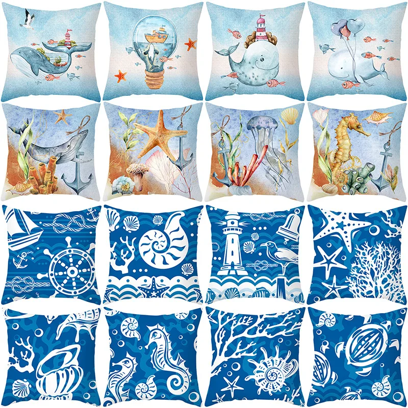 

2022 Nordic Ocean Pillowcase Starfish Seahorse Whale Seashells Conch Blue Sea Cushion Cover Sofa Office Living Room Decoration