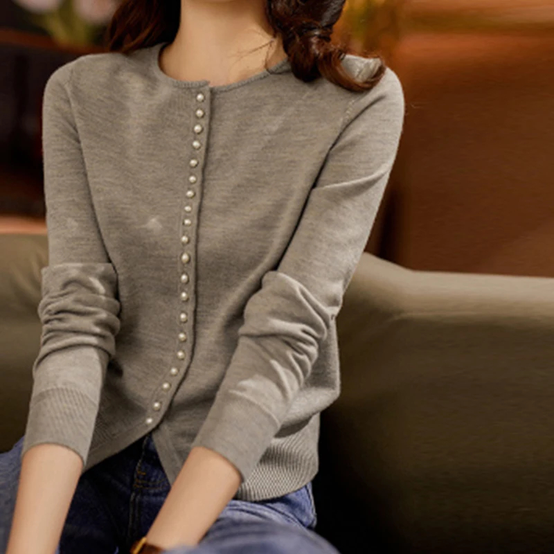 Весенне-осенний серый женский однобортный тонкий жакет с бисером кардиган топ