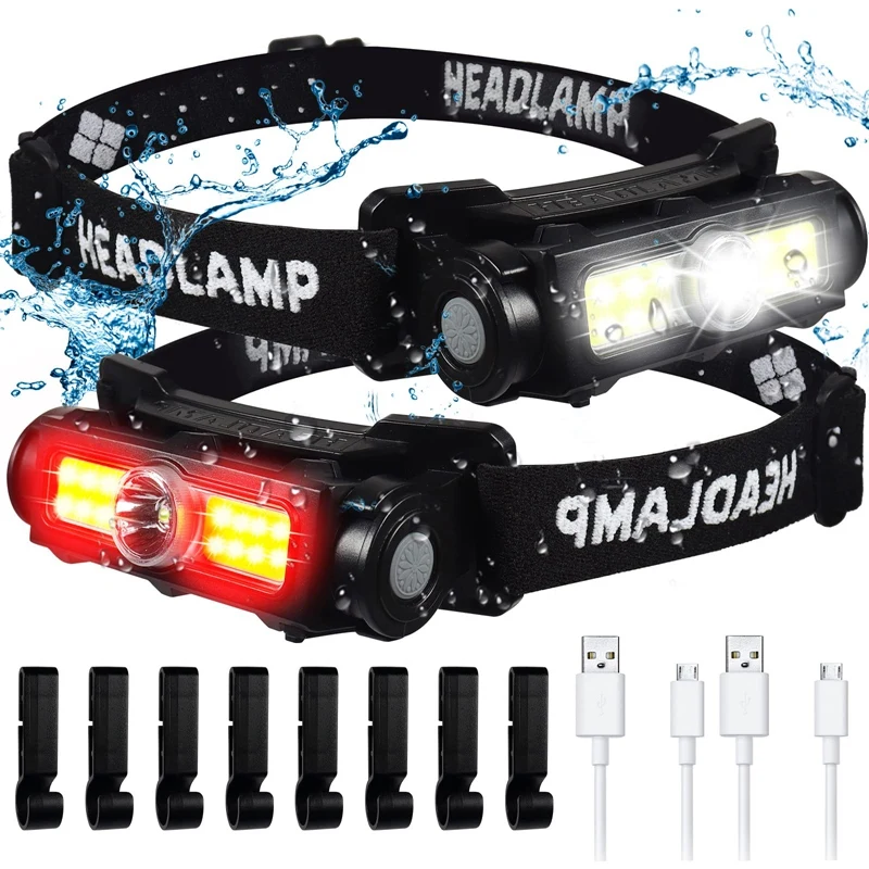 

Rechargeable Waterproof Head Light 2000 Lumen Super Bright White Red Light With 8 Hardhat Clips For Outdoor