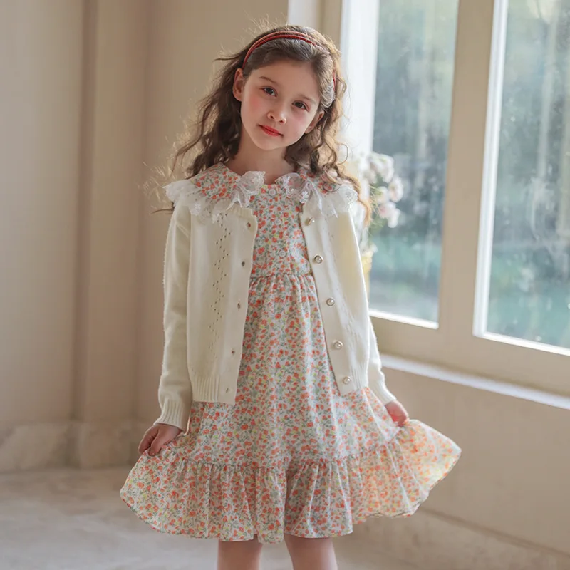 

Childrens Clothing Suits Spring Floral Princess Dress Suit Knitted Cardigan Coat Elegant Fishtail Dress 3-8 Y Girl Clothes
