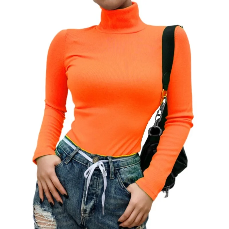 Women Knitted Ribbed Clothes Neon Green Turtleneck Sweaters Shirts Long Sleeve Top Slim Fit Winter Autumn Shirt Pullover M0243 | Женская
