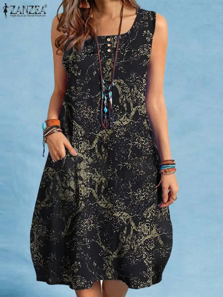 

ZANZEA Fashion Holiday Casual Vintage Elegant Dresses Women Summer Floral Printed Dress O-Neck Sleeveless Pocket Cotton Sundress
