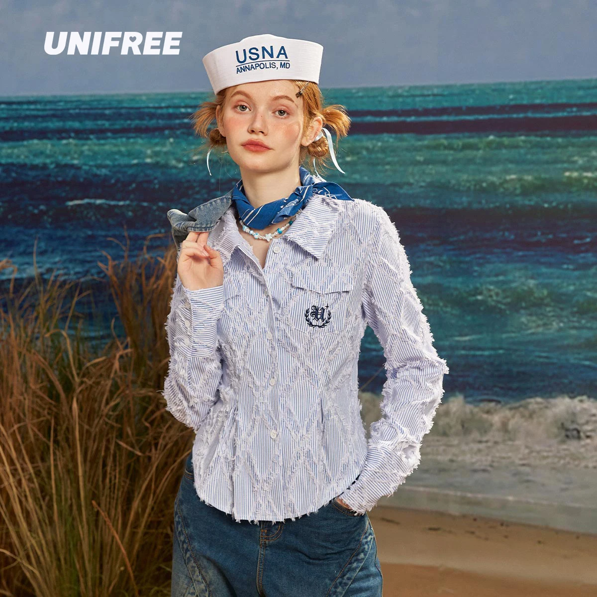 

UNIFREE Preppy Style Woman Blouse Letter Embroidery Fashion Streetwear Versatile Retro Shirts & Blouses Slim Stripes Shirts