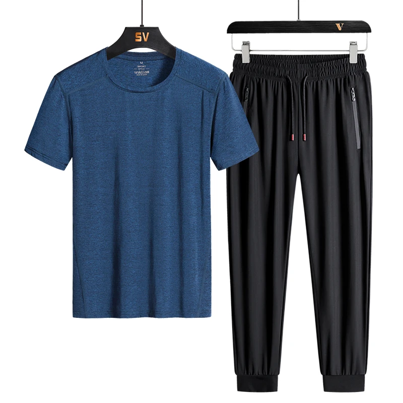 

New Men Summer Ice Silk Sports Suit Men's Casual Breathable Thin t shirt + Pants Two Piece Set Men's High Quality Male Tracksuit
