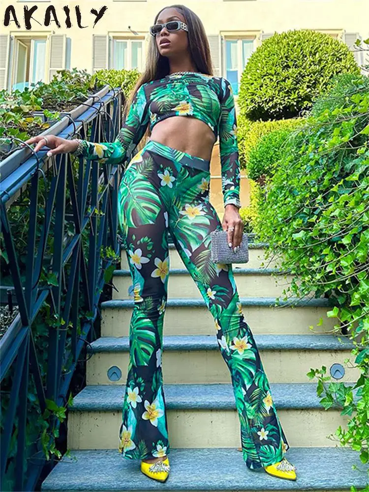 

Akaily Autumn Green Graphic Print Bodycon Pants Set Beach Party For Women 2023 Long Sleeve Fashion Mesh 2 Two Piece Pants Set