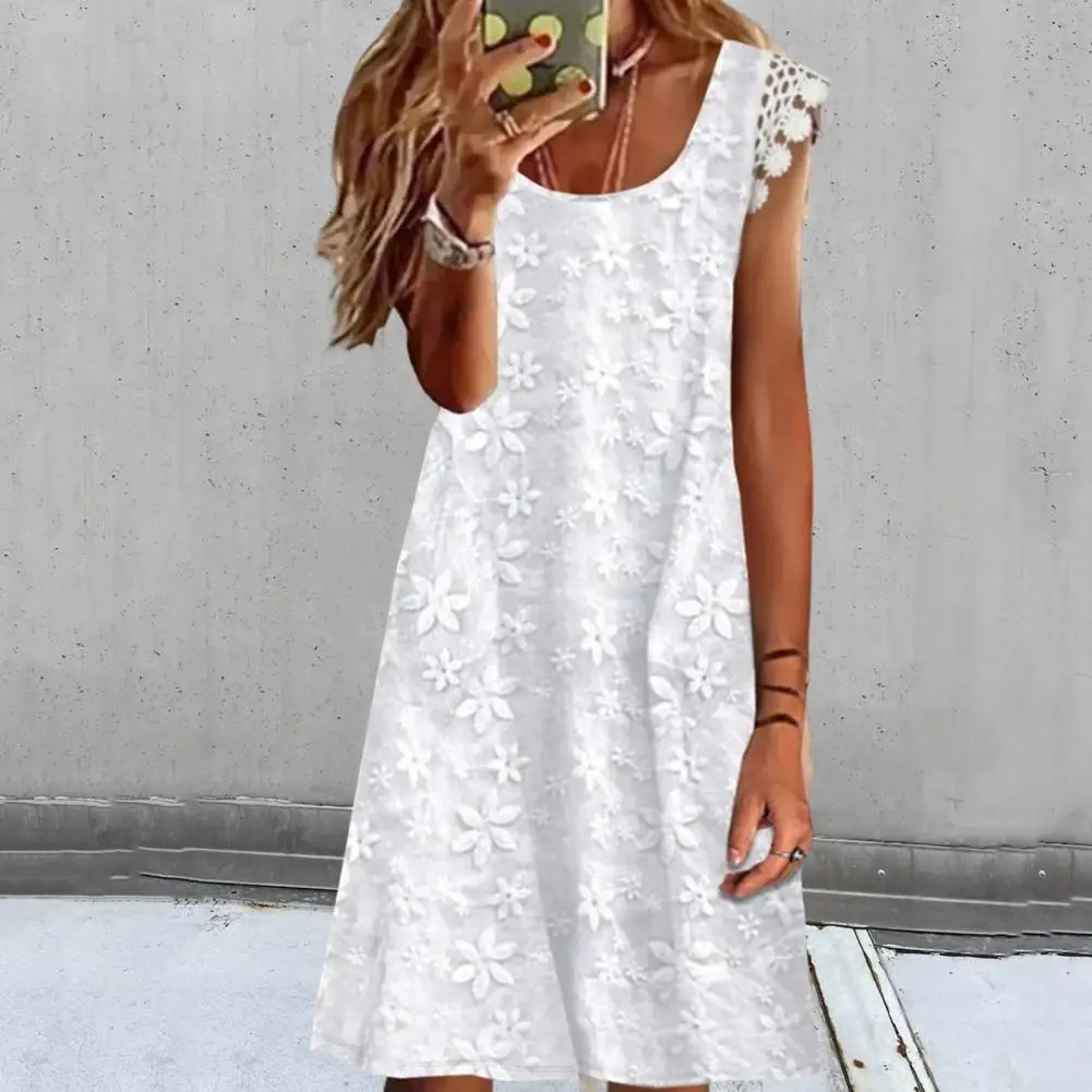 

Sweet Lady Summer Dress Lace Stitching Streetwear Crew Neck Lady Dress O Neck Lady Dress Women Clothing
