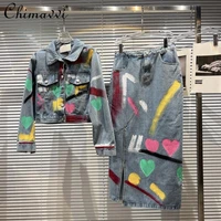 fashion heart graffiti painted slimming casual denim suit ladies 2022 summer new short coat and skirt two piece set for women