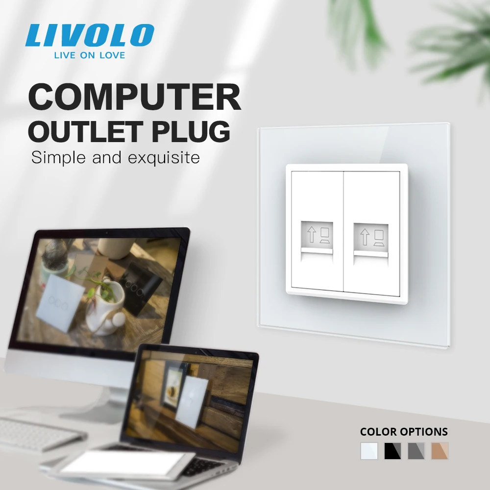

Livolo Usb Wall Socket EU standard Computer Outlet Plug Multiple CAT6 Internet Dust Plugs Crystal Glass Panel Double Design