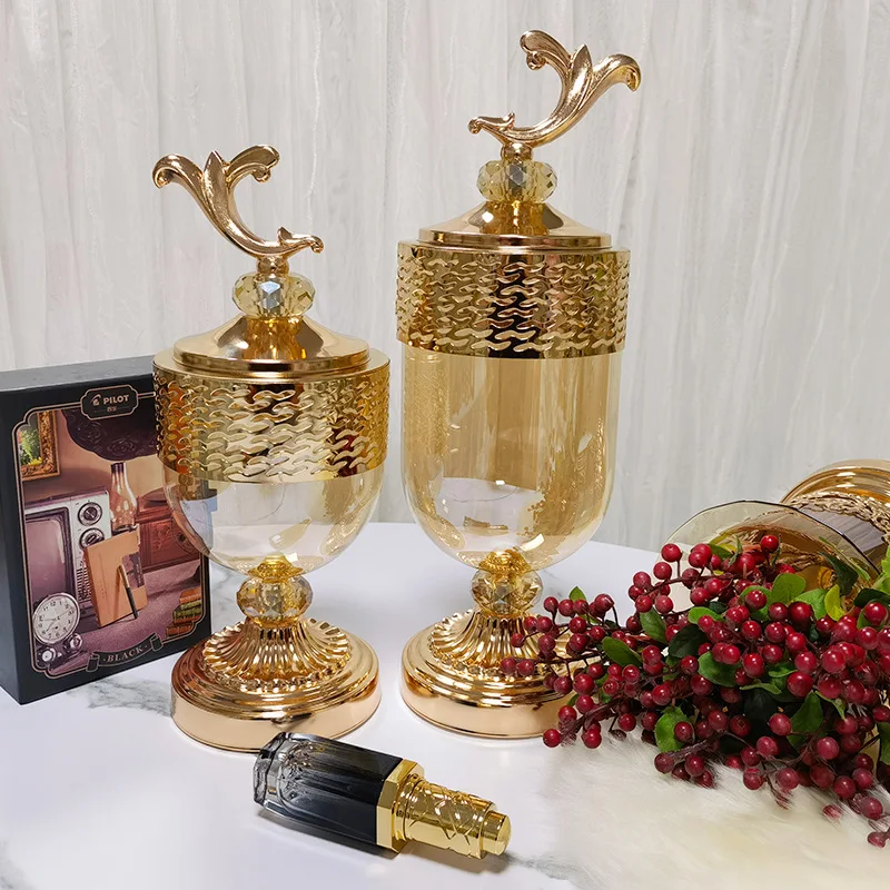 

Exquisite Glass Tall Candy Jar Metal Vase Arrangement Hollow Art Glass Jewelry Cosmetics Food Storage Box Wedding Decoration New