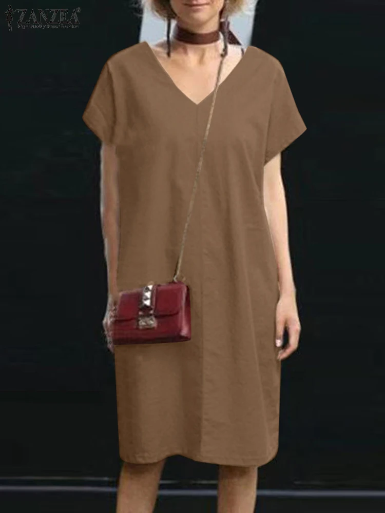 

Платье ZANZEA женское с коротким рукавом, однотонный модный Свободный сарафан средней длины с V-образным вырезом, праздничный Повседневный пляжный оверсайз