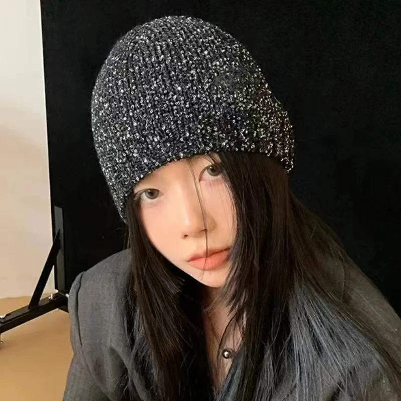 Весенняя тонкая женская Вязаная Шапка-бини с блестками в Корейском стиле