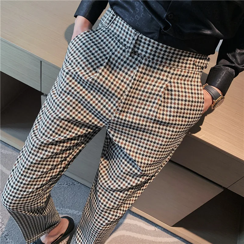 

British Style High-waisted Business Dress Pants Autumn Thousand Bird Lattice Office Social Suit Pants Men Wedding Groom Trousers