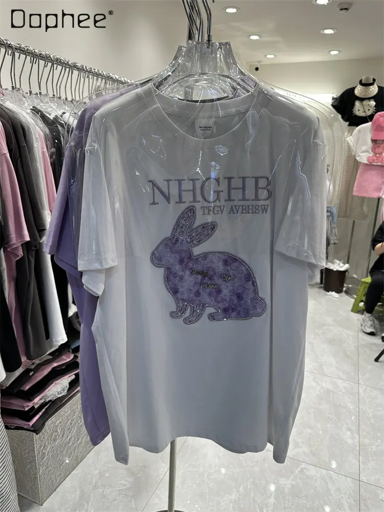 

Женская футболка средней длины, белая хлопковая футболка с коротким рукавом и мультяшным Кроликом, весна-лето 2023