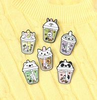 creative pet milk tea brooches for girls women panda cat bear brooch cute cartoon animals badge kids jacket backpack jewelry