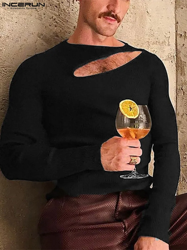 

INCERUN Tops 2022 American Style New Men Camiseta Oblique Hollow Tees Fashion Solid All-match Simple Long-sleeved T-shirts S-5XL