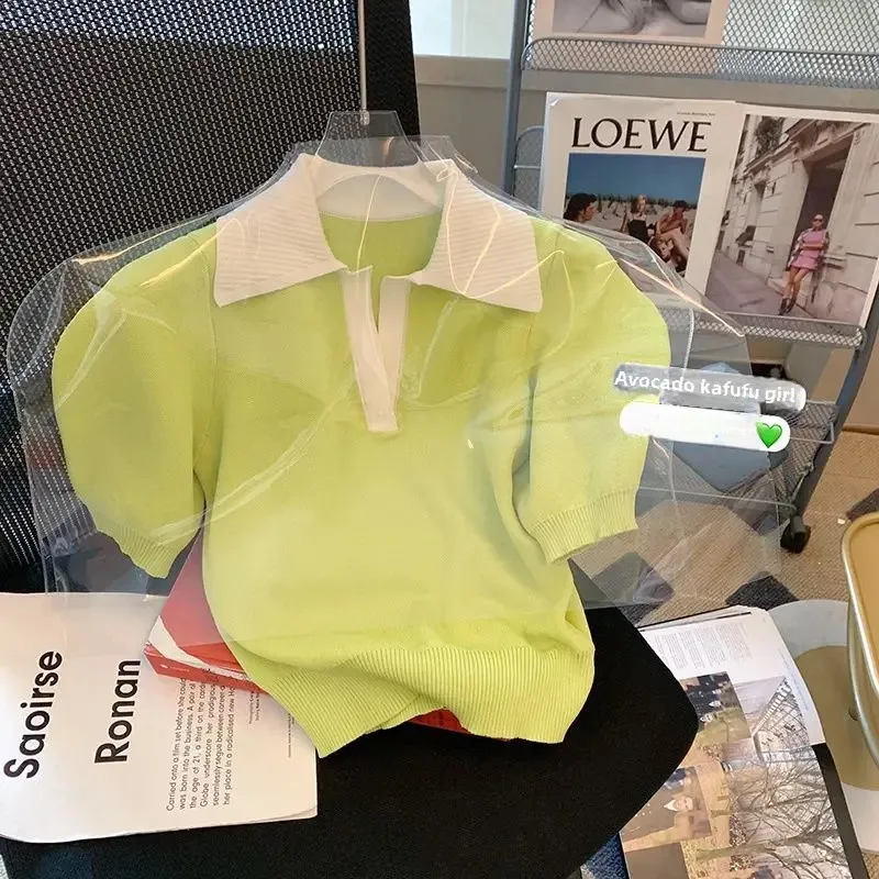 Лето 2023 новый стиль вязаный женский топ с воротником-поло твидовый дизайн