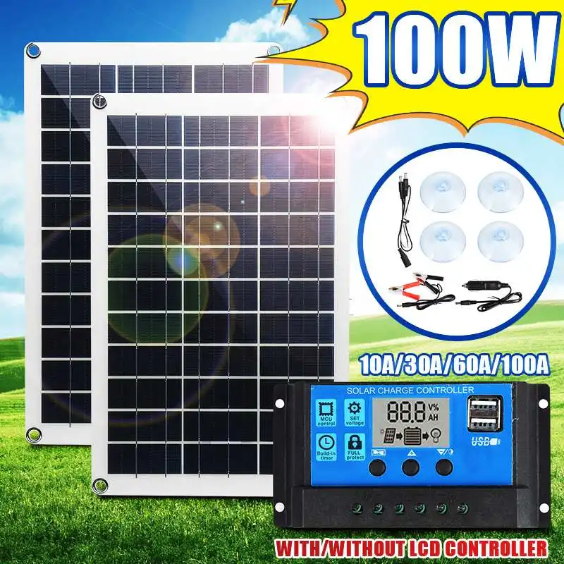 

100W Solar Panel Semi-flexible Monocrystalline Solar Cell DIY Cable Rechargeable Power System Car Yacht RV Battery Charger
