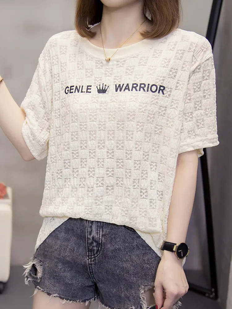 

Oversize L-4XL Loose T-shirt Female Women 2022 Summer Fashion Lace Hollow Short Sleeve Large Tshirt Letter Print Soft Tops