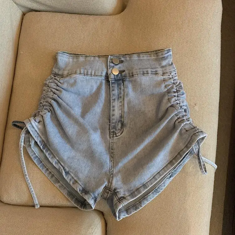 2023 Strap and Drawstring Denim Shorts for Women High Waisted Slim Short Jeans Wide Leg Pants A-line Hot Pants Pantalones Cortos
