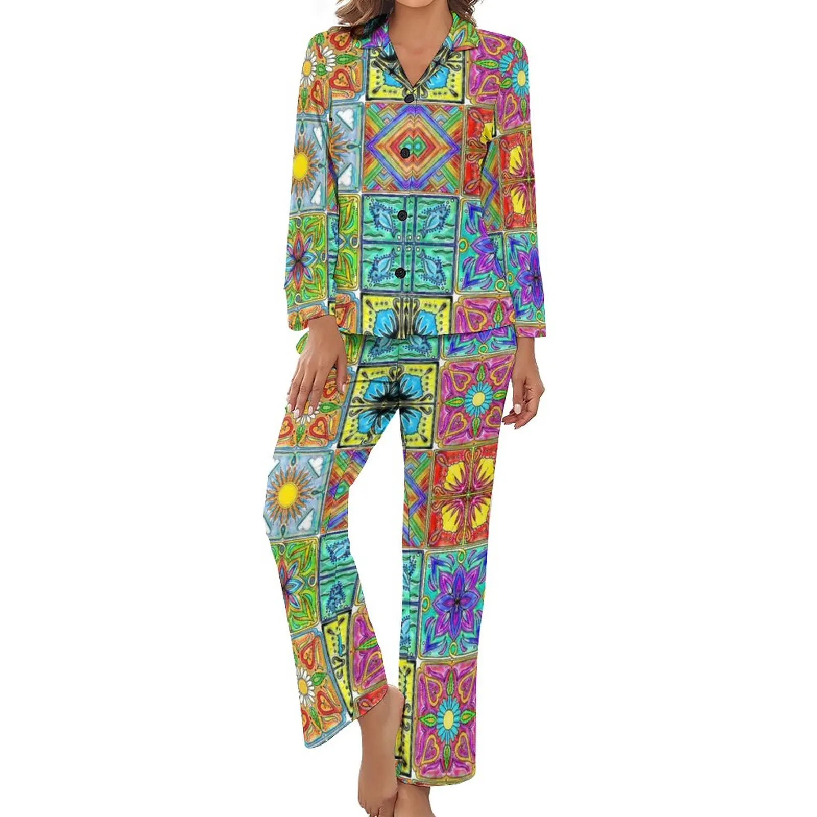 

Пижама в стиле пэчворк с длинным рукавом и принтом