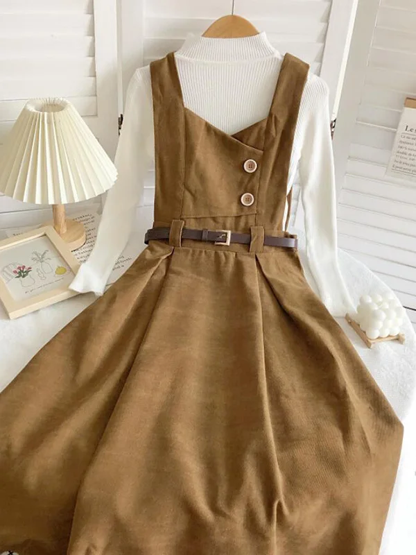 

Женский комплект из 2 предметов, винтажное вязаное платье-свитер с V-образным вырезом, вельветовое платье-жилет и Трикотажный свитер с длинн...