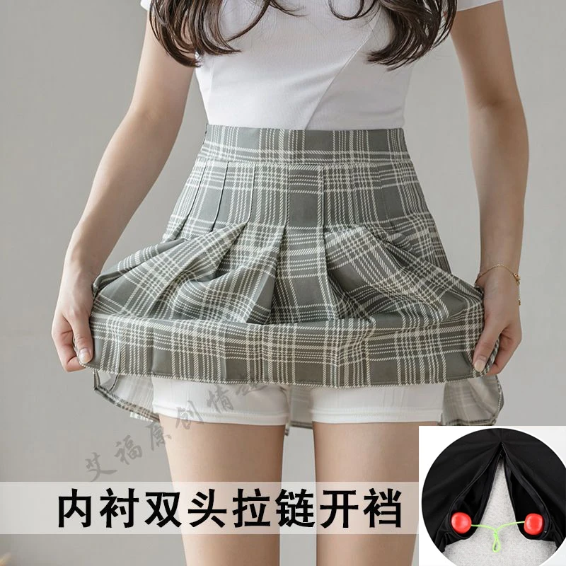 

Summer Plaid Pleated Invisible Zipper Open Crotch Skorts Skirts Floral Print Outdoor Plus Size Women's 2 Layers Bottoms
