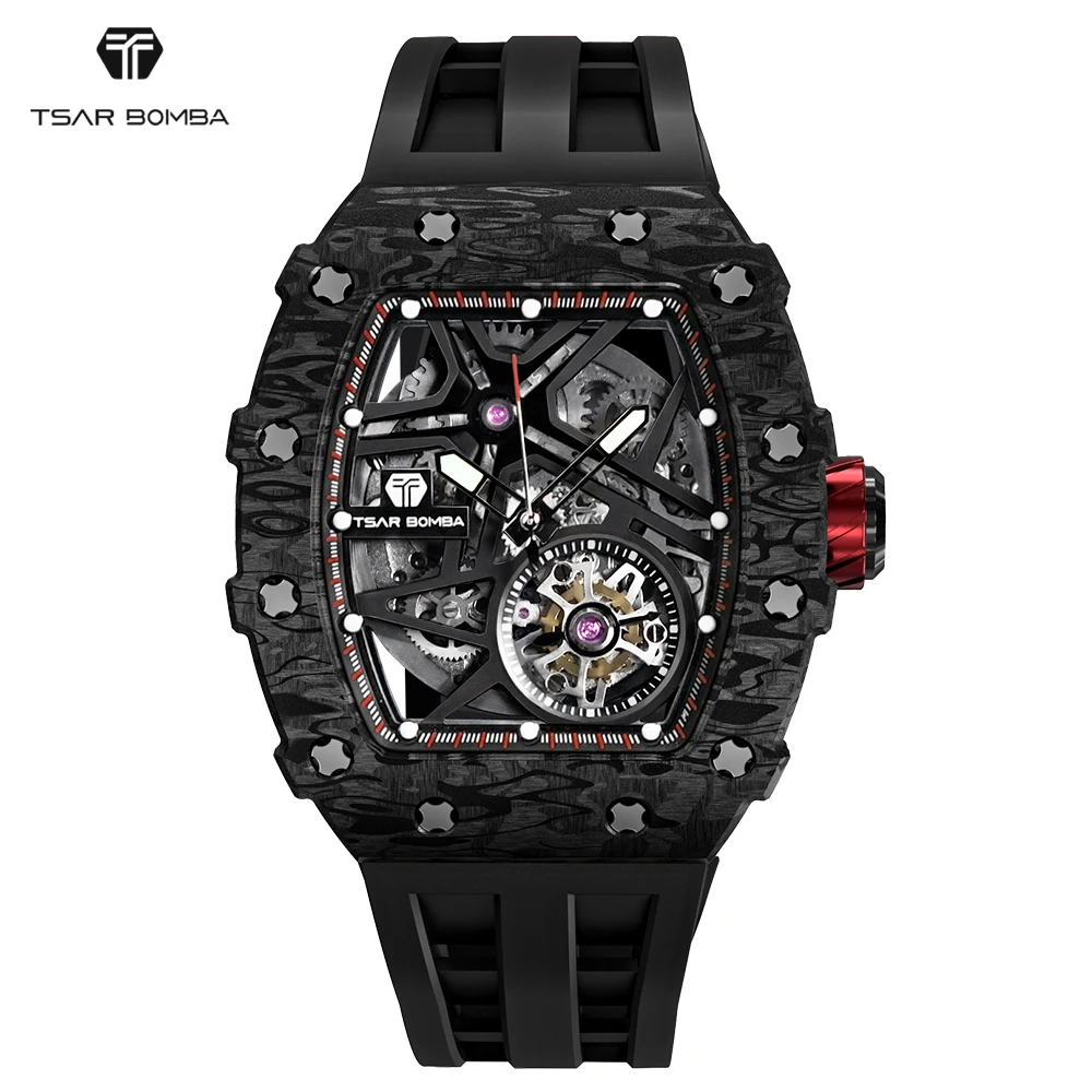 

TSAR BOMBA Роскошные мужские электронные часы из углеродного волокна, автоматические механические наручные часы-скелетоны для мужчин
