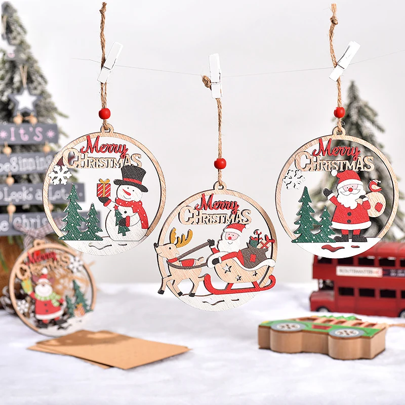 

Рождественская деревянная резьба, снеговик, Санта-Клаус, лось, круглые подвески, Рождественская елка, подвесная декоративная игрушка, подарок на Новый год 2024