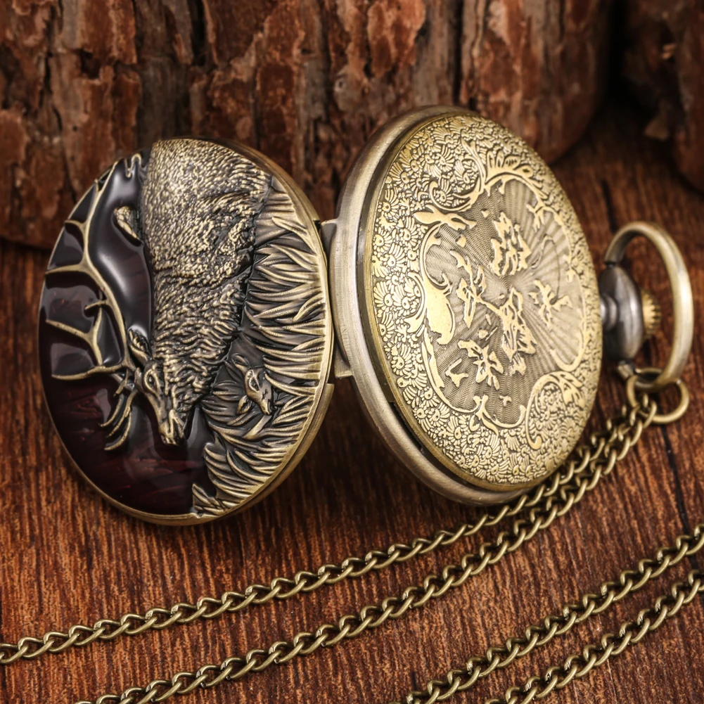 Bronze Quartz Pocket Watch Necklace Gift 3D Creative Long Horns Elk Design Deer Animal Pendant Chain Clock Analog Fob Watch