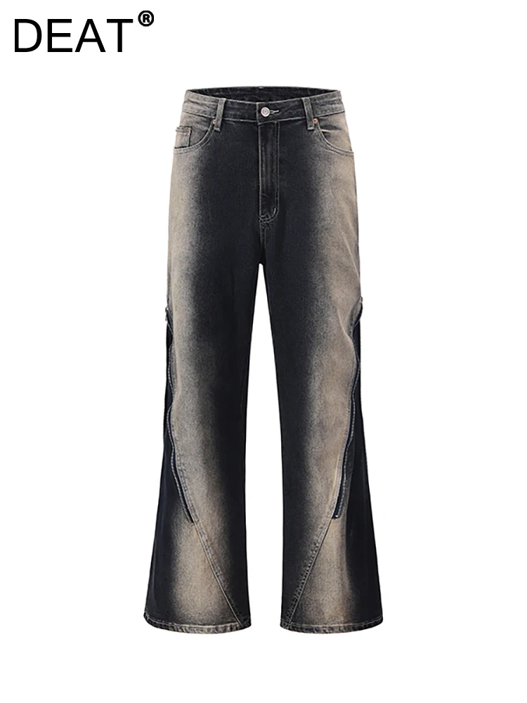 

DEAT Women's Jeans High Waist Loose Wash Irregular Spliced Zipper Wide Leg Denim Flare Pants 2023 Autumn New Fashion 29L2700