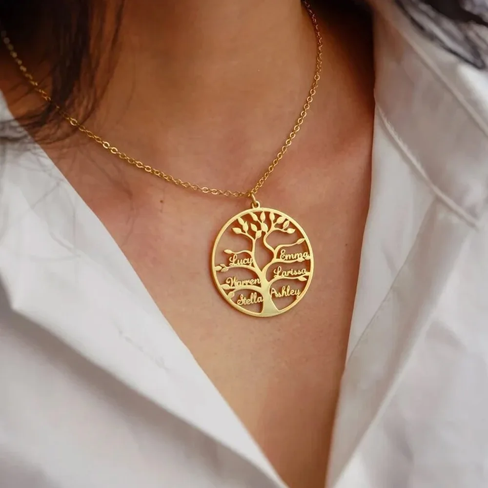 Mini-World Women's Tree of Life Necklace Custom 1-9 Names Stainless Steel Family Tree Pendant Necklace Family Nameplate Jewelry