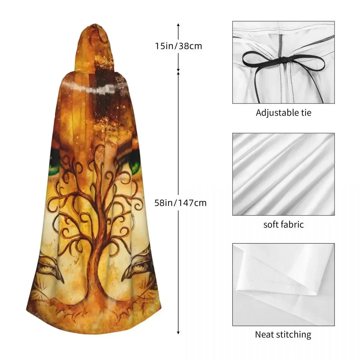 Плащ унисекс из полиэстера с капюшоном костюм ведьмы аксессуар деревом жизни