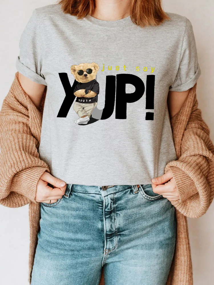 

Women's T-shirt Just Say Yup Bear Graphic Printing Tee Harajuku Girls Tops Round Neck Short Sleeves Summer Ladies Casual Tshirt