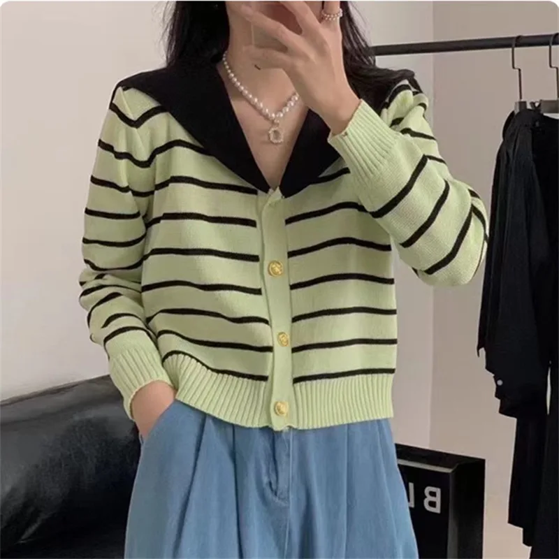 

Женский кардиган в полоску, темно-синий свитер с воротником с лацканами, весна-осень 2023