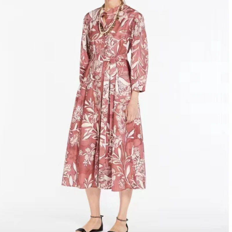 Spring and Summer 2023 New Women Casual Print Waist Long-sleeved Dress