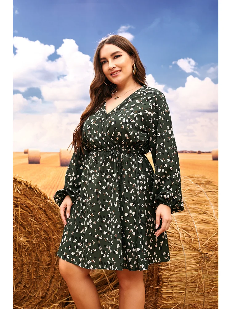 Oversized women's clothing, chubby sister waist tucked, meat covered floral v neck dress  vestido plus size mujer