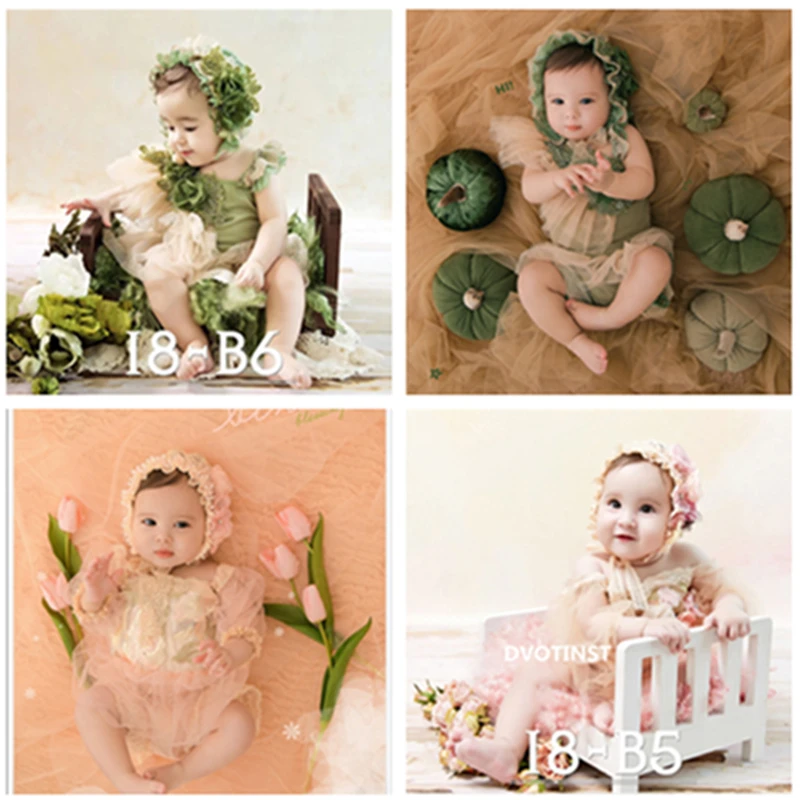 Newborn Baby Girls Photography Props Floral Headband Flower Lace Outfits Forest Dress 2-piece Set Studio Shooting Photo Props