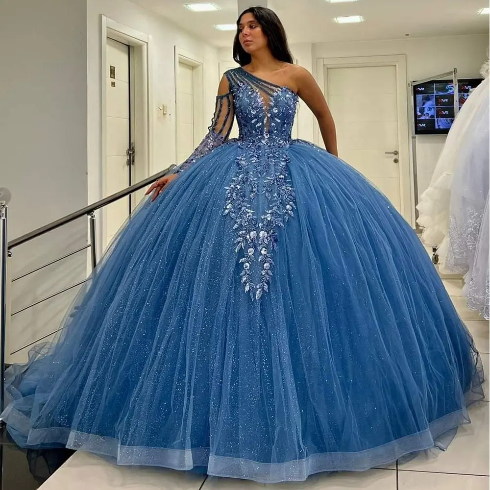 

Blue Ball Gown Quinceanera Dress Elegant One Shoulder Beading Flower Birthday Part Gown Sweet 15 16 Birthday Dress Corset Design