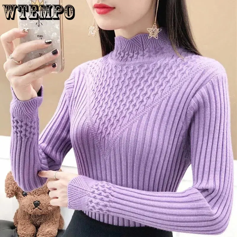 

Свитер WTEMPO с высоким воротником, пуловер, женский осенне-зимний облегающий Универсальный вязаный Топ с длинным рукавом, женская рубашка