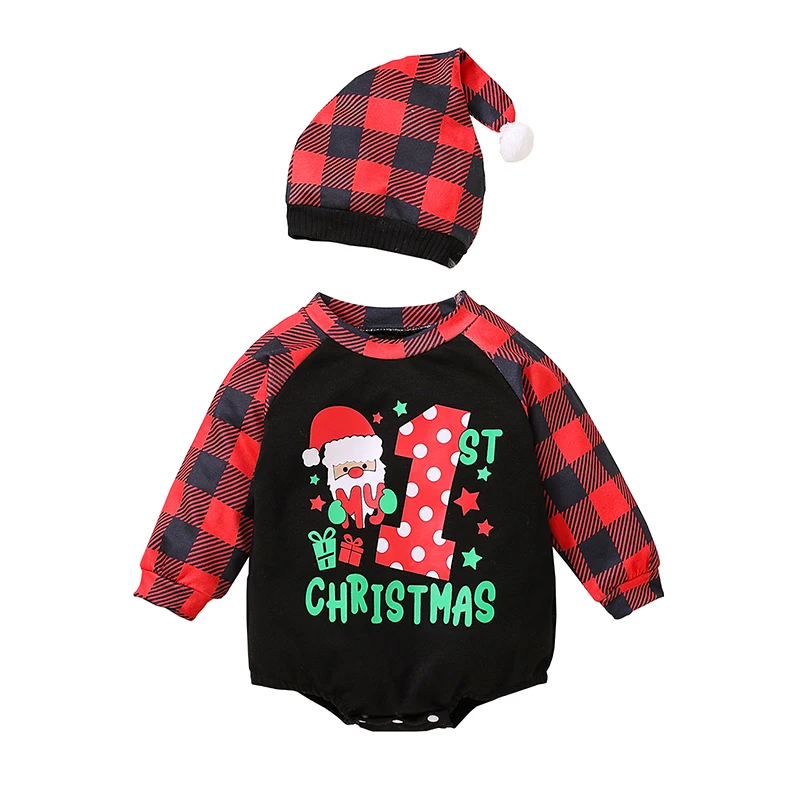 

Christmas Baby Bodysuits Letter Santa Plaid Print Round Neck Long Sleeve Jumpsuits Autumn with Hat Girls Boys Clothing