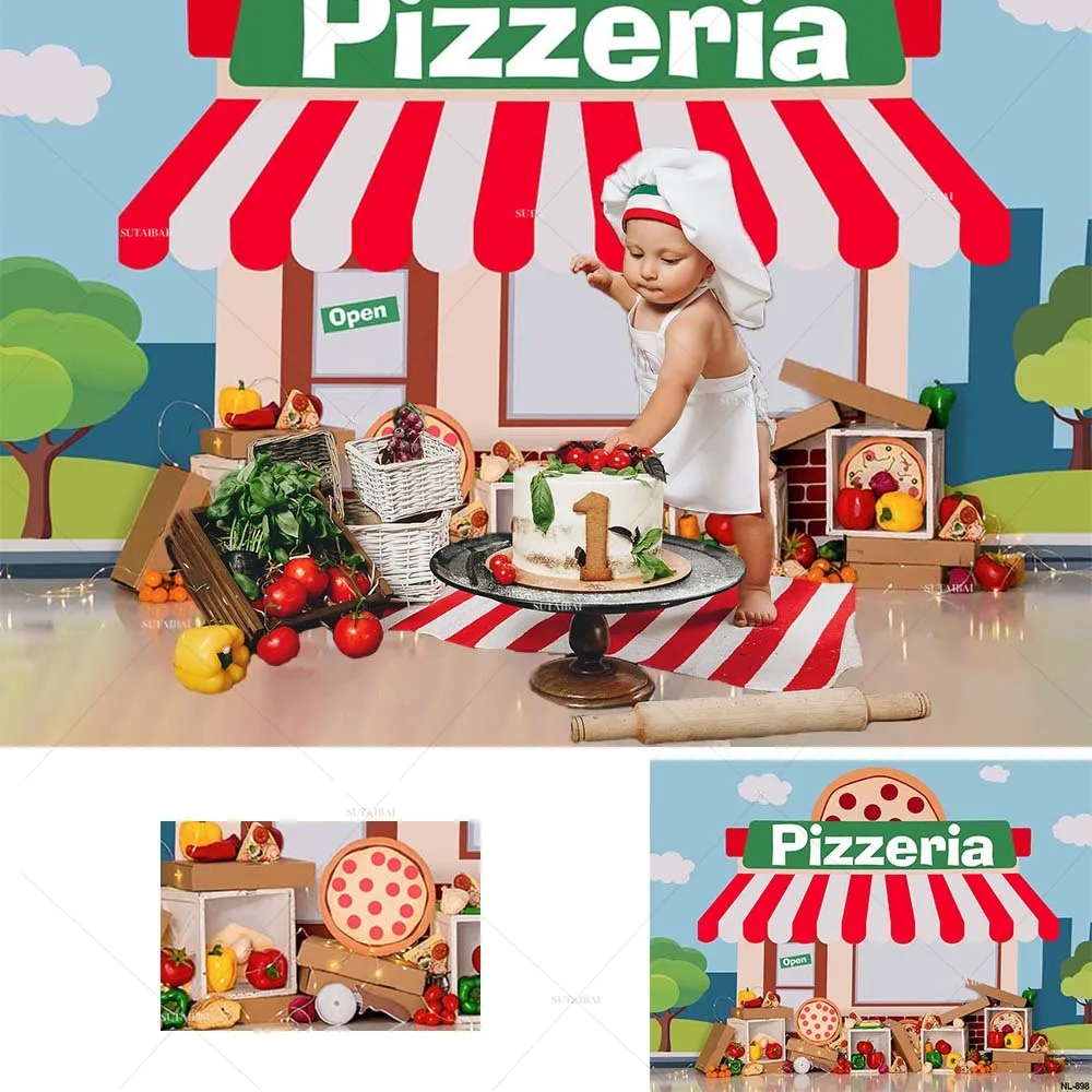 

Delicious Pizza Shop Party Photo Backdrop Pizzeria Food Vegetables Cooking Chef Baby Shower Photography Background Photo Studio