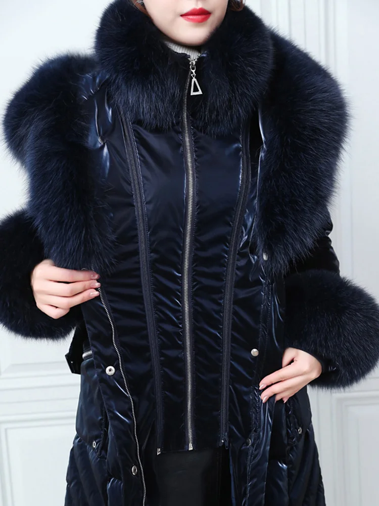 New Women Fur Down Jacket Winter Double Real Fox Fur Collar Wash Free Glossy Surface Thicken Warm Down Coat Belt Slim Outerwear
