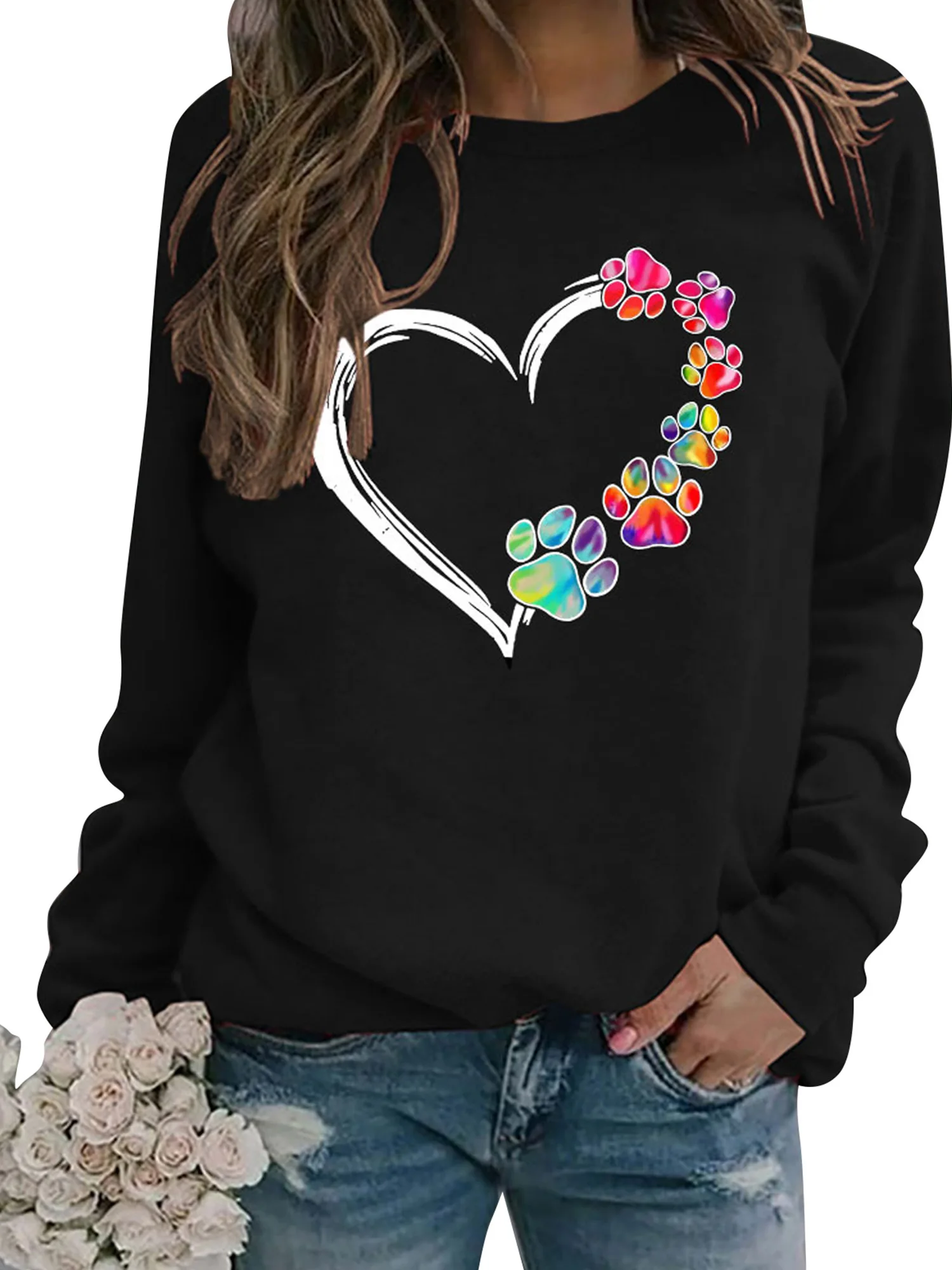 

Women s Heart Print Casual Loose Long Sleeve Round Neck Shirt Tops Valentine s Day Party