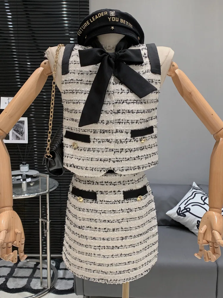 

New French Small Fragrance Two Piece For Women Bow Vest Jacket + High Waist Bodycon Mini Skirt Suits Korean Sweet Summer Outfits