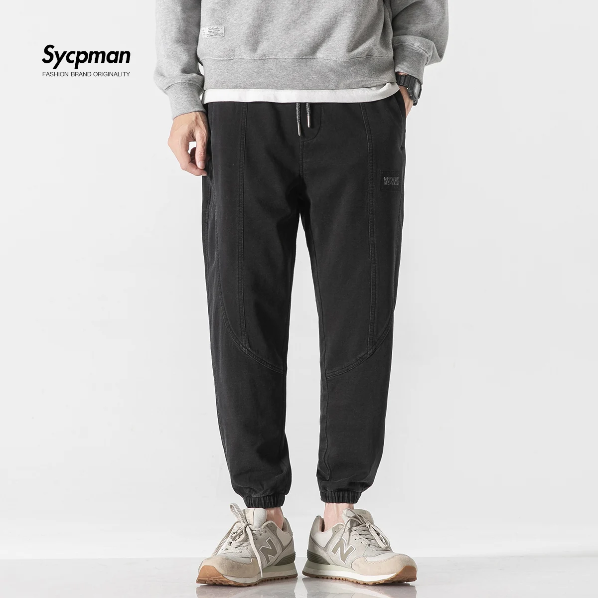 

Labeling Loose Leggings Casual Mens Washed Cotton Micro-elastic Harem Pants Trend Japanese Tide Brand Black
