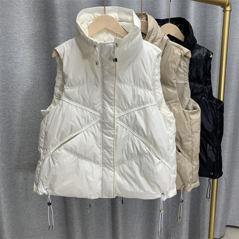 Winter Women's Stand Collar Solid Color Sleeveless Causal Warm Vest Stand Collar Loose Chic White Duck Down Coat Jacket Women