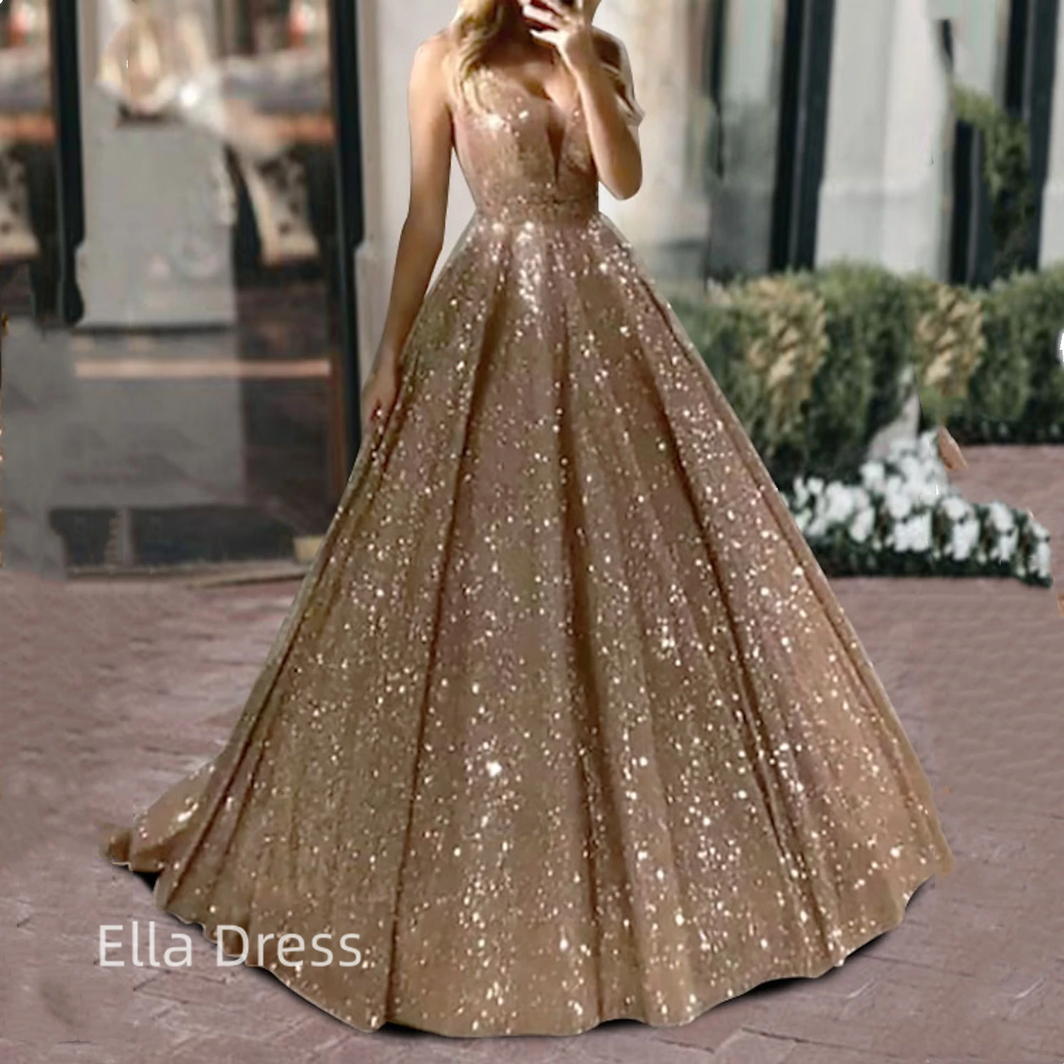 

Shiny Formal Dresses Champagne V-neck Wedding Dress A-line Robe Evening Dresses Long Luxury 2023 Occasion Cocktail Home Women's