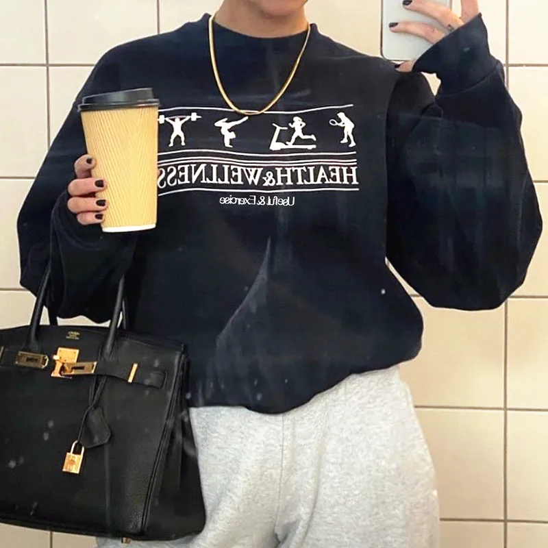 

Calelinka Autumn New Sport Lover's Sweatshirt Black Long Sleeve Women Printed Pullover Plus Size Round Neck Ins Fashion Hoodies