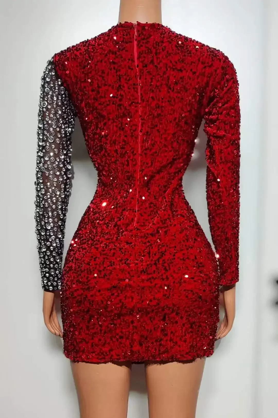 Блестящее красное короткое платье для женщин с длинным рукавом элегантный